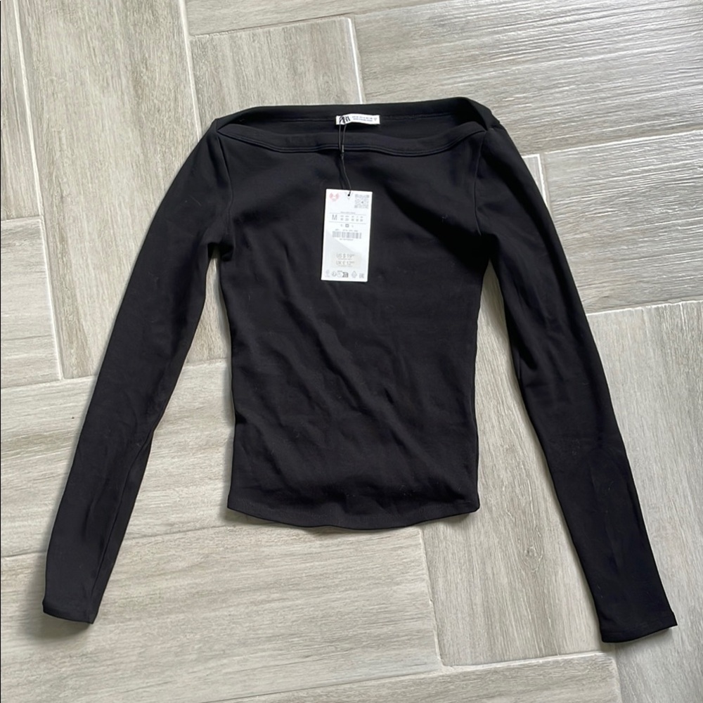 Zara Women's Black Long Sleeve Boatneck Rib Top Size M NWT